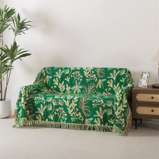 Botanical Green Leaf Cotton Tassel Blanket - 90"W x 98"L - image 0