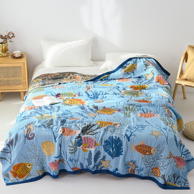 Ocean-Themed Reversible Cotton Gauze Blanket - image 1