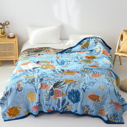 Ocean-Themed Reversible Cotton Gauze Blanket - image 1