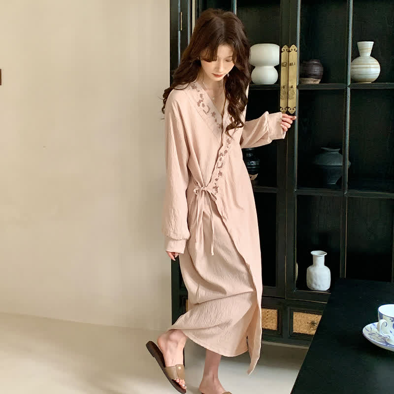 Relaxed Kimono Style Long SLeeve Nightgown - Apricot - L - image 0