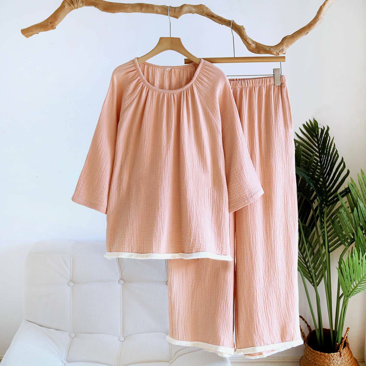 Minimalist Solid Color Cotton Loungewear Set - Pink - XL - image 5
