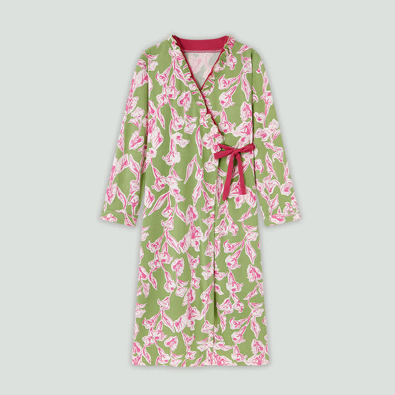 Artistic Floral Kimono Style Ruffled Nightgown - Green - 4XL - image 0