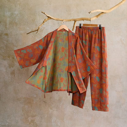 Ownkoti Ginkgo Cotton Gauze Kimono Loungewear Set - Wine - XL - image 46