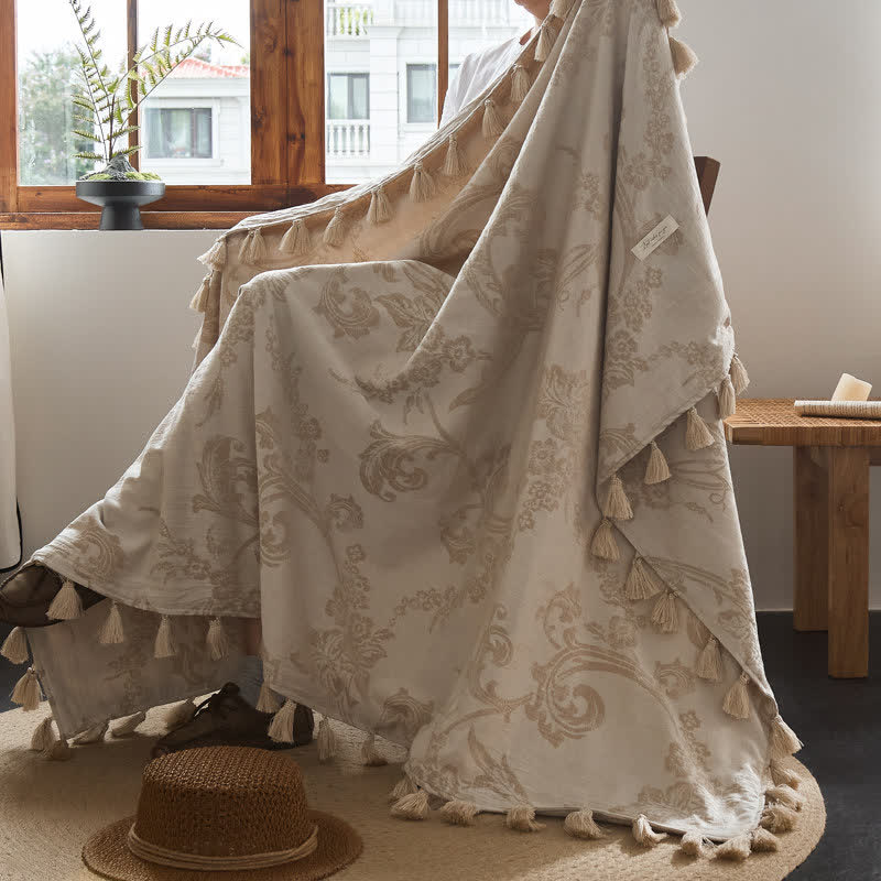 Elegant Floral Jacquard Cotton Linen Blanket - image 2