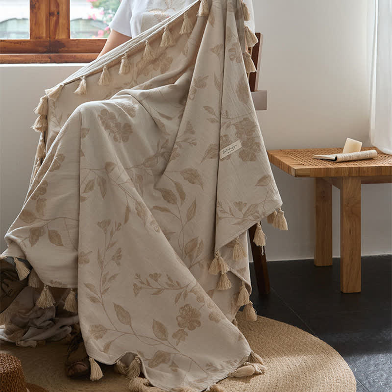 Floral Leaf Jacquard Cotton Linen Blanket - image 3