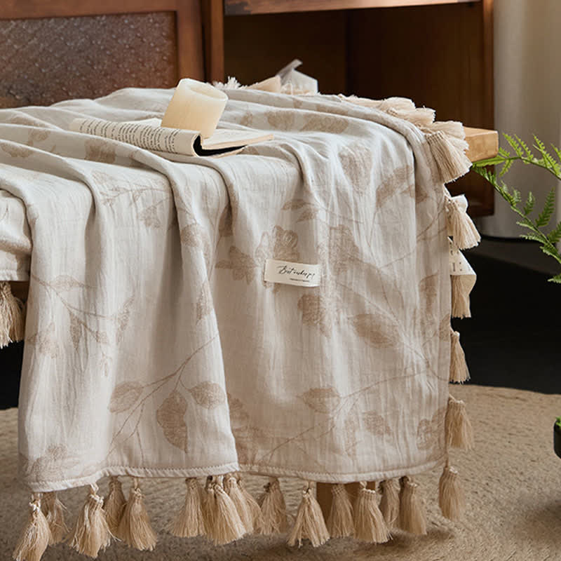 Floral Leaf Jacquard Cotton Linen Blanket - image 6