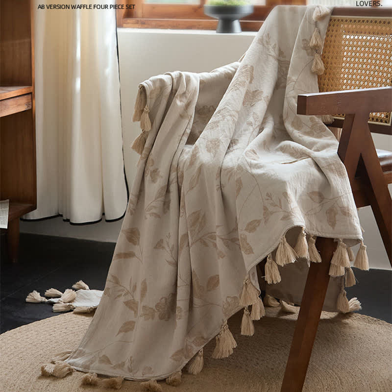 Floral Leaf Jacquard Cotton Linen Blanket - image 2