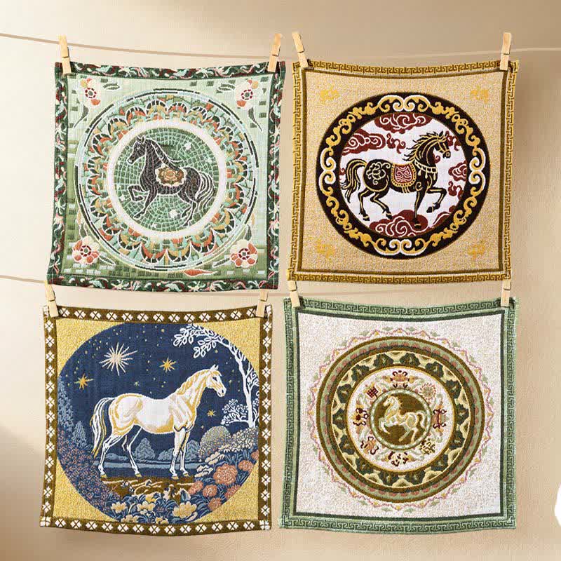 Vintage Horse Zodiac Cotton Gauze Towel - Colorful - Set of 4 - 14"W*14"L - image 0