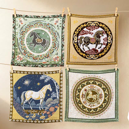 Vintage Horse Zodiac Cotton Gauze Towel - Colorful - Set of 4 - 14"W*14"L - image 0