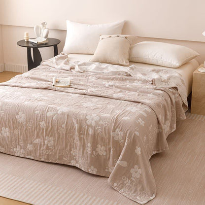 Elegant Floral Jacquard Cotton 3-Layer Gauze Quilt - Camel - Queen - image 7