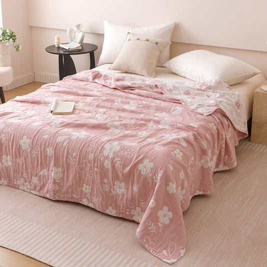 Elegant Floral Jacquard Cotton 3-Layer Gauze Quilt - Pink - Queen - image 0