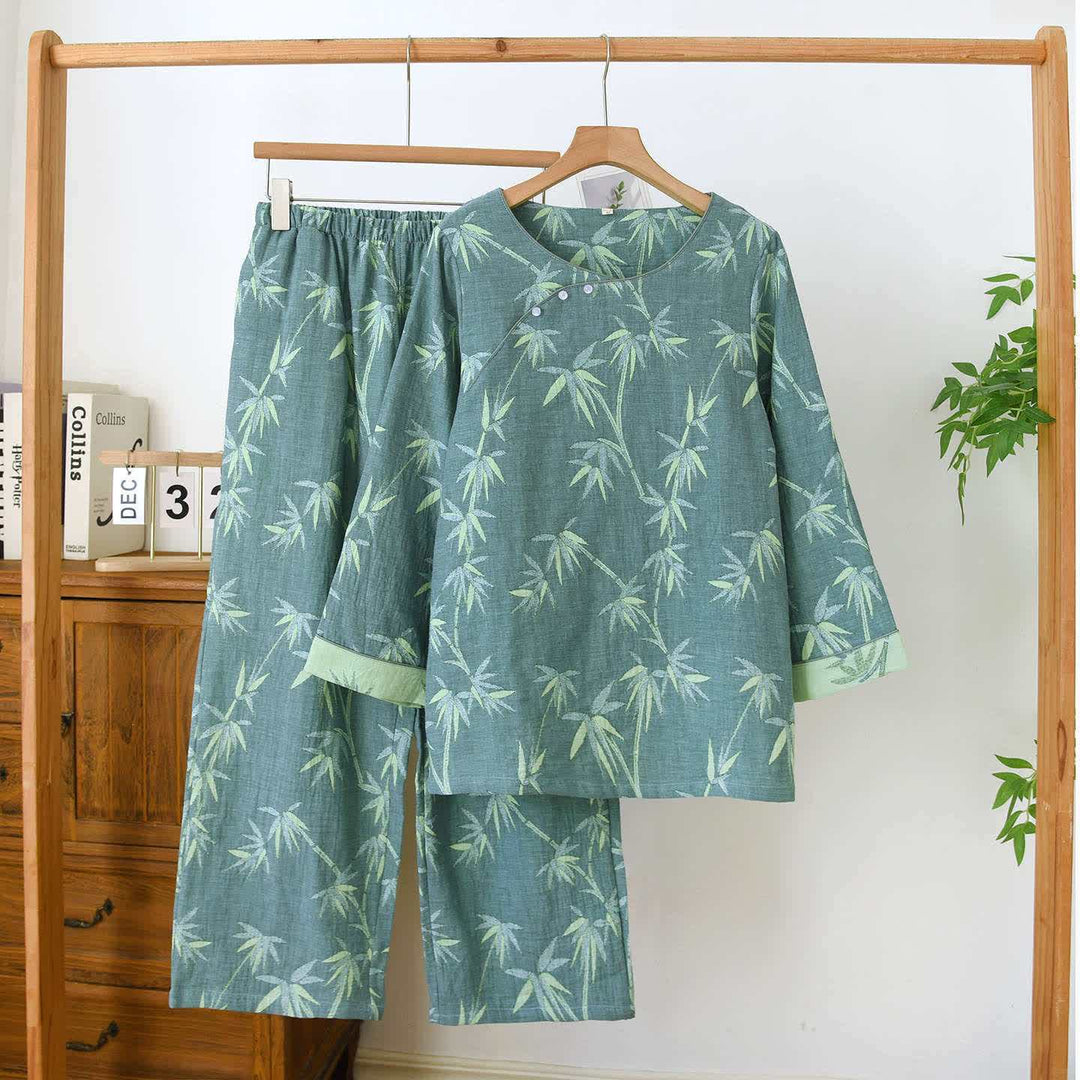 Green Bamboo Jacquard Cotton Gauze Pajamas - Green - XL - image 0