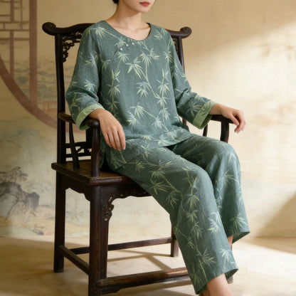 Green Bamboo Jacquard Cotton Gauze Pajamas - image 2