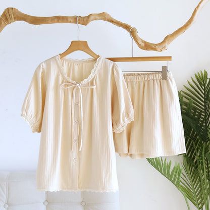Solid Color Lace-trimmed Short Pajama Set - Beige - XL - image 3