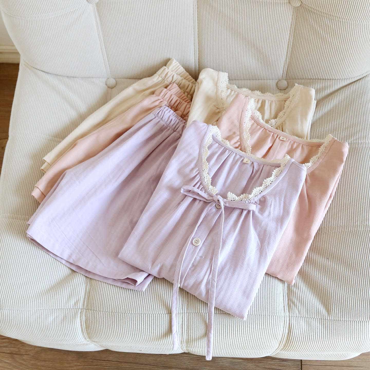 Solid Color Lace-trimmed Short Pajama Set - image 1