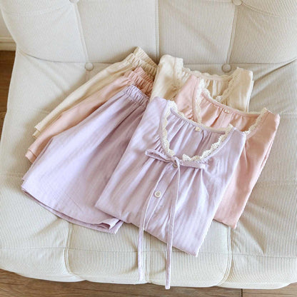 Solid Color Lace-trimmed Short Pajama Set - image 1