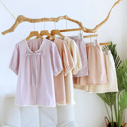 Solid Color Lace-trimmed Short Pajama Set - image 0