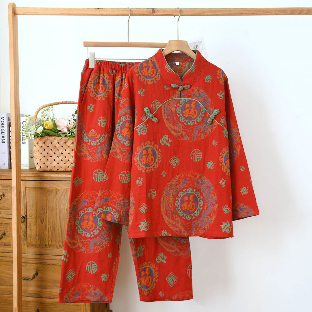 Auspicious Mandarin Collar Cotton Pajama Set - Red - XXL - image 0