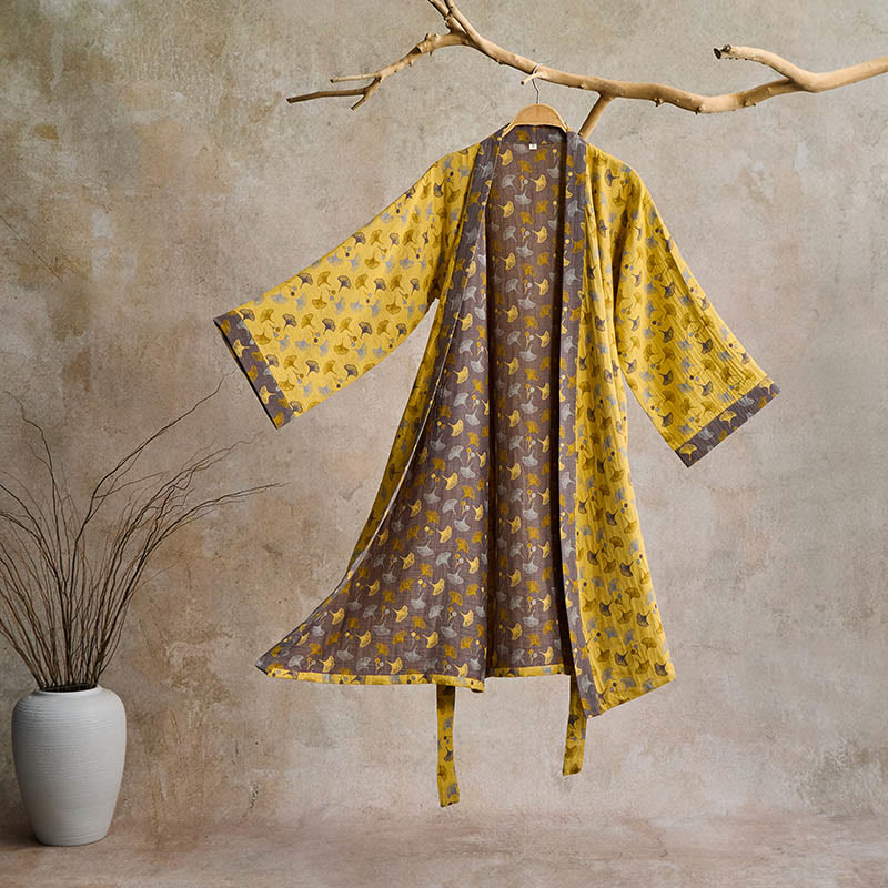 Two-Tone Ginkgo Cotton Gauze Kimono Robe - Yellow & Grey - 2XL - image 5
