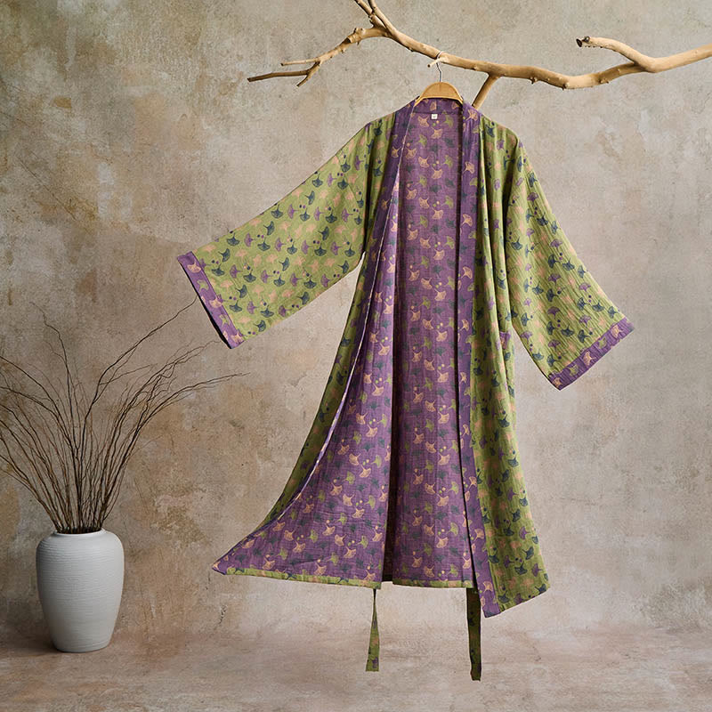 Two-Tone Ginkgo Cotton Gauze Kimono Robe - Green & Purple - 2XL - image 9