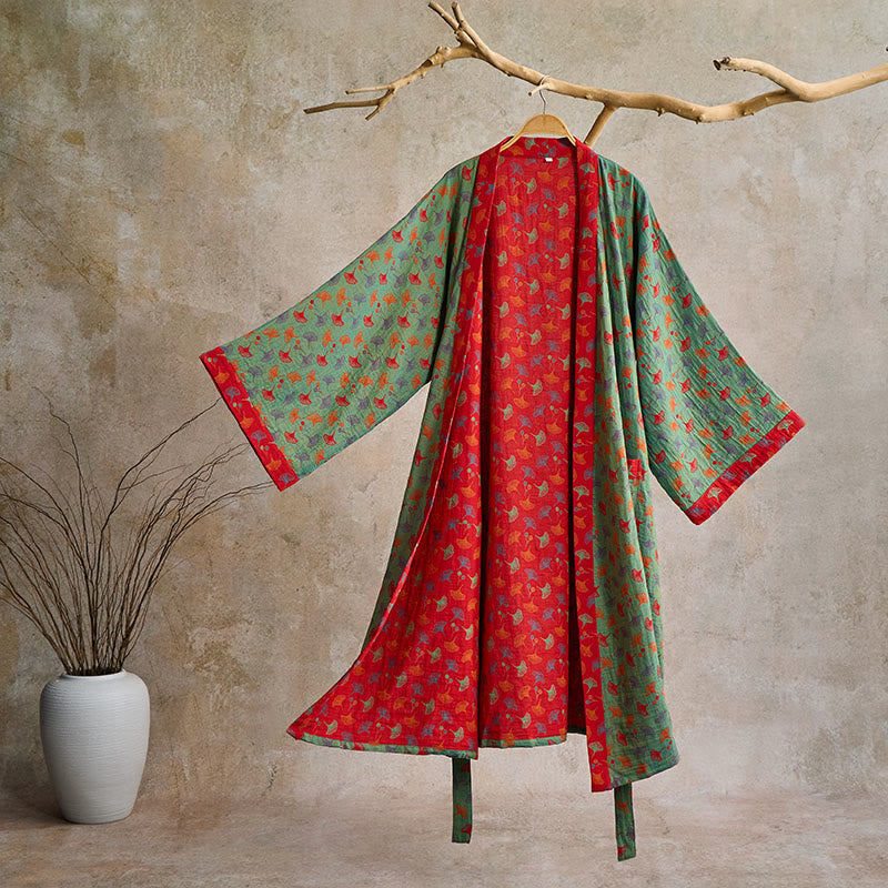 Two-Tone Ginkgo Cotton Gauze Kimono Robe - Green & Red - 2XL - image 3