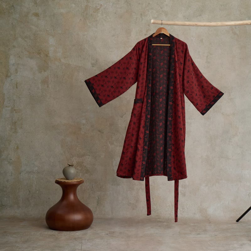 Two-Tone Ginkgo Cotton Gauze Kimono Robe - Red & Black - 2XL - image 7