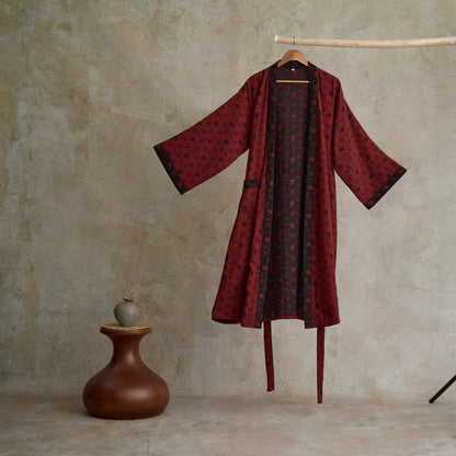 Two-Tone Ginkgo Cotton Gauze Kimono Robe - Red & Black - 2XL - image 7