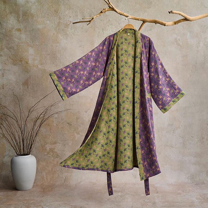 Two-Tone Ginkgo Cotton Gauze Kimono Robe - Purple  &  Green - 2XL - image 8