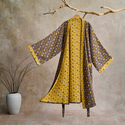 Two-Tone Ginkgo Cotton Gauze Kimono Robe - Grey & Yellow - 2XL - image 4