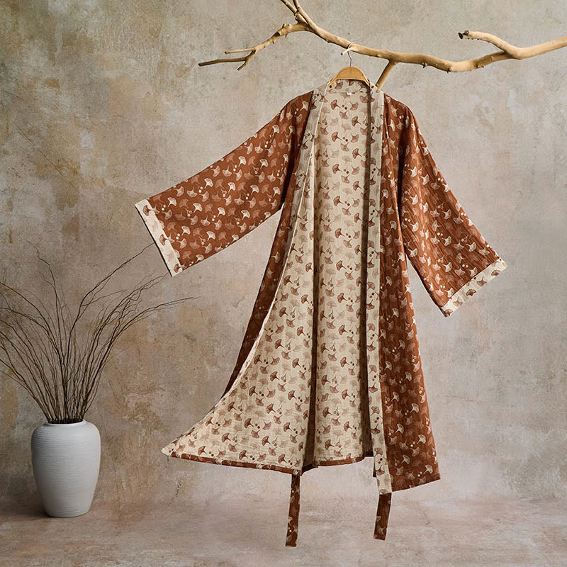 Two-Tone Ginkgo Cotton Gauze Kimono Robe - Coffee & Beige - XL - image 10