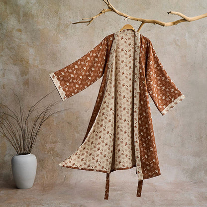 Two-Tone Ginkgo Cotton Gauze Kimono Robe - Coffee & Beige - XL - image 10