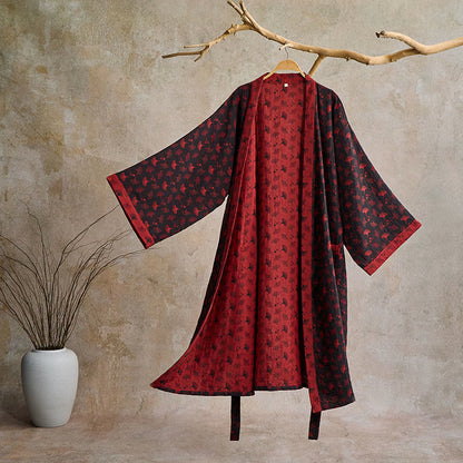 Two-Tone Ginkgo Cotton Gauze Kimono Robe - Black & Red - 2XL - image 6