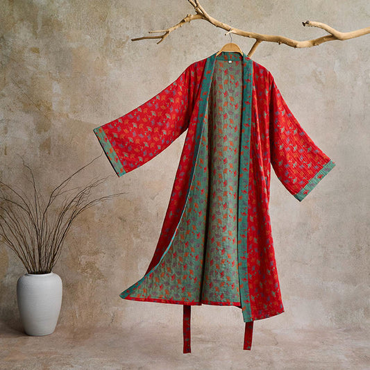 Two-Tone Ginkgo Cotton Gauze Kimono Robe - Red & Green - 2XL - image 0