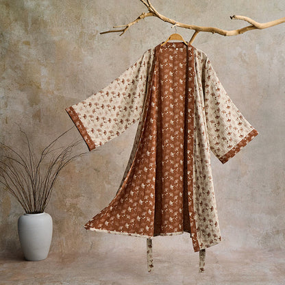 Two-Tone Ginkgo Cotton Gauze Kimono Robe - Beige & Coffee - XL - image 11