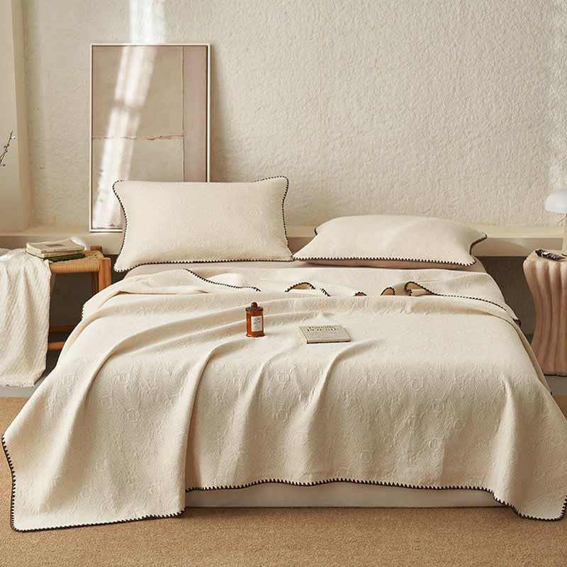 Textured Geometric Floral Cotton Linen Quilt - Quilt with 2PCS Pillowcases - King - image 0