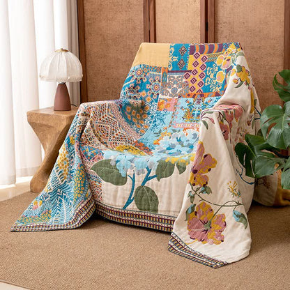 Artistic Floral Patchwork Cotton Gauze Blanket - 90"W x 98"L - image 0
