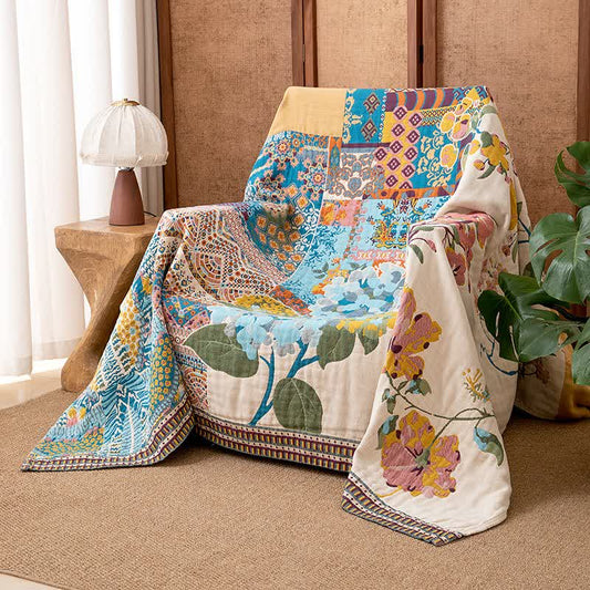 Artistic Floral Patchwork Cotton Gauze Blanket - 90"W x 98"L - image 0