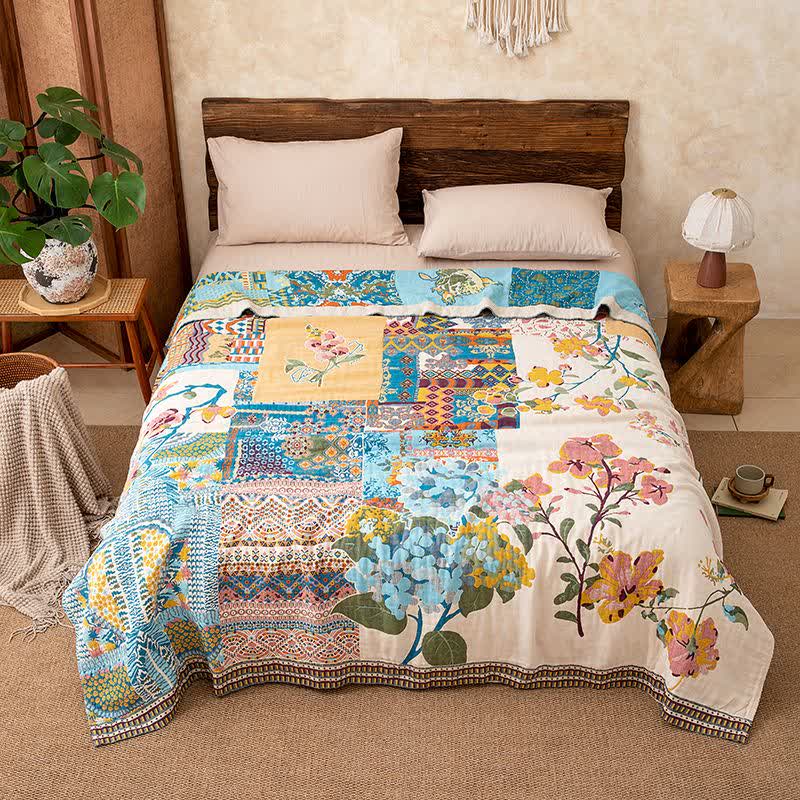 Artistic Floral Patchwork Cotton Gauze Blanket - image 3