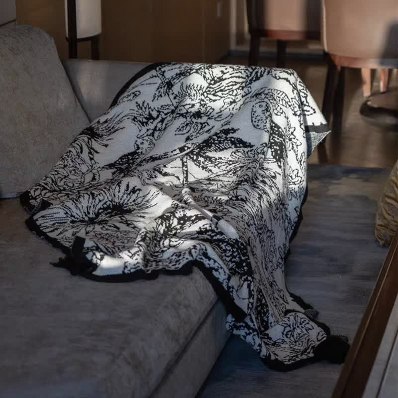 Vintage Ink Floral Bird Knit Throw Blanket - image 2