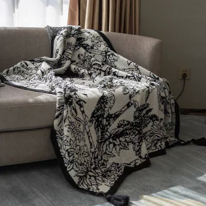 Vintage Ink Floral Bird Knit Throw Blanket - 51"W x 90"L - image 0