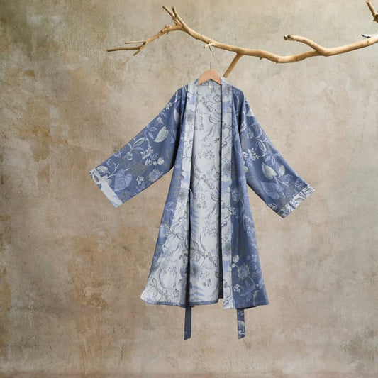 Pastoral Leaf Cotton Gauze Kimono Robe - Blue - L - image 0
