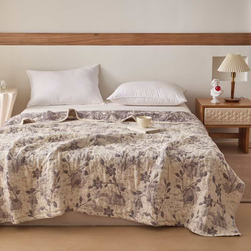 Floral Vine Cotton Gauze Quilt - Coffee - Queen - image 0