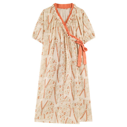 Vintage Pattern Ruffled Collar Side-Tie Nightgown - image 8