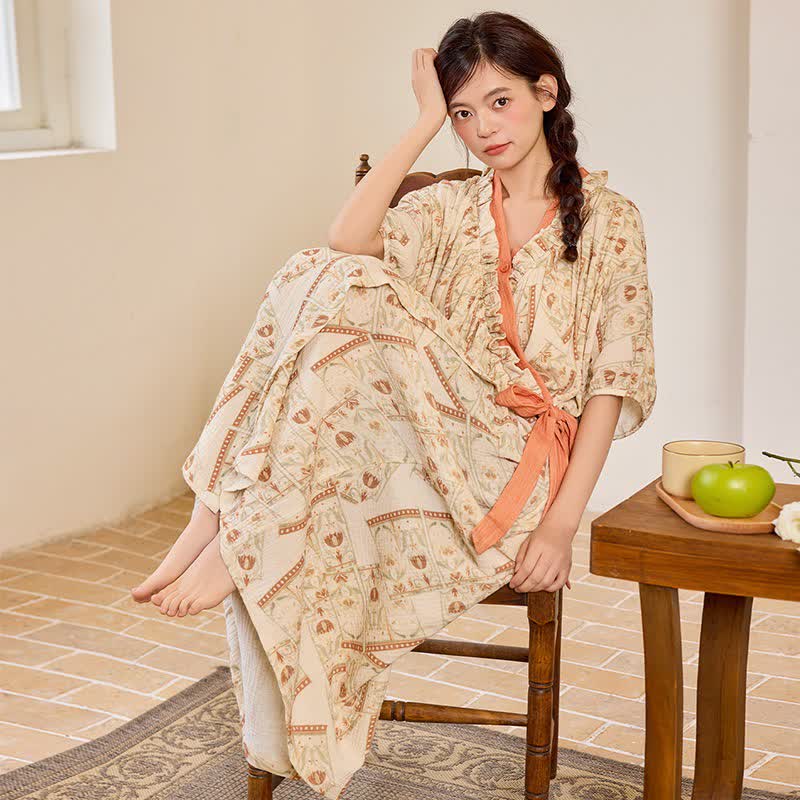 Vintage Pattern Ruffled Collar Side-Tie Nightgown - image 5