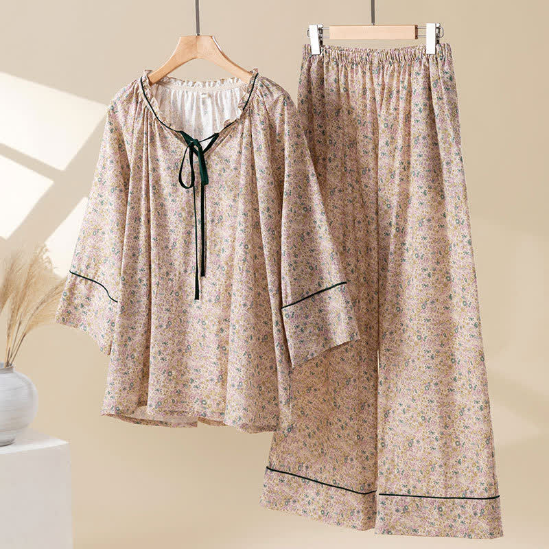Pastoral Floral Cotton Ruffled Loungewear Set - Dark Pink - XL - image 0