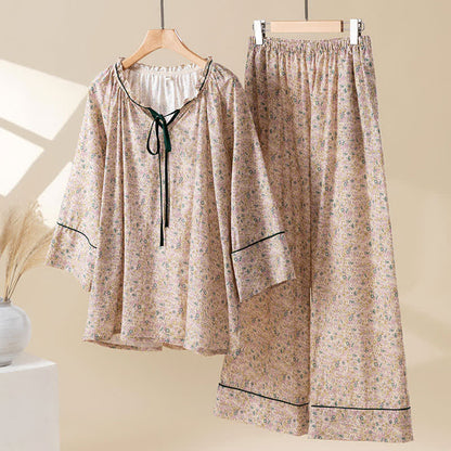 Pastoral Floral Cotton Ruffled Loungewear Set - Dark Pink - XL - image 0