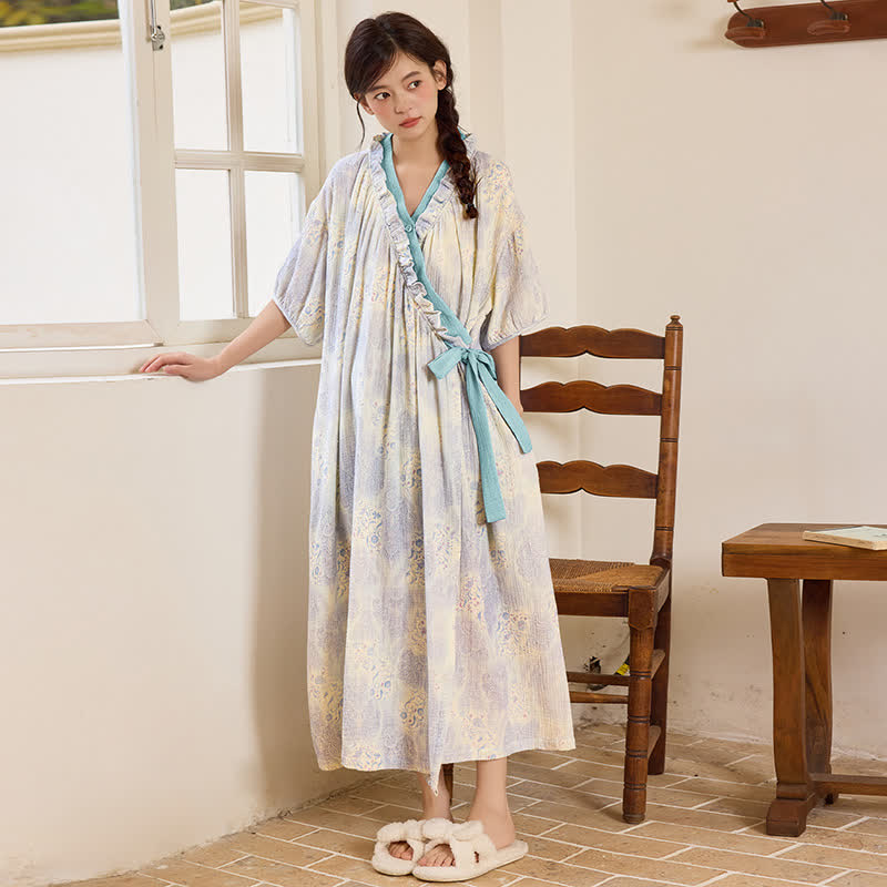 Artistic Vintage Ruffled Collar Side-Tie Nightgown - Blue  - XXL - image 0