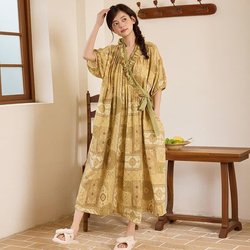 Ethnic Style Ruffled Collar Side-Tie Nightgown - Dark Yellow - XXL - image 0