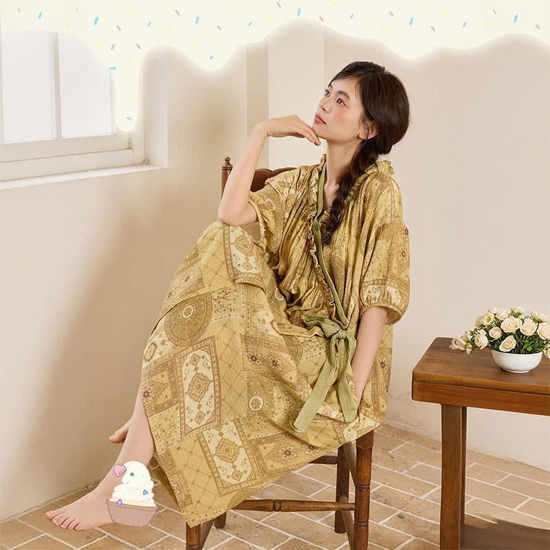 Ethnic Style Ruffled Collar Side-Tie Nightgown - image 8