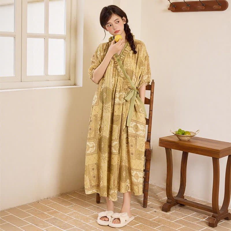 Ethnic Style Ruffled Collar Side-Tie Nightgown - image 3